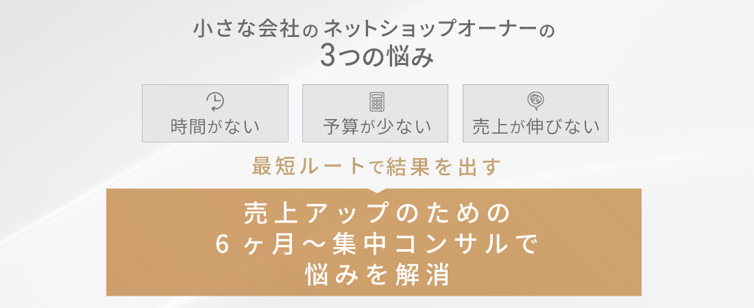 小さな会社のネットショップオーナーが抱える「時間がない」「予算がすくない」「売り上げが少ない」の３つの悩みを売上アップの集中コンサルで悩みを解消し最短ルートで結果を出します。